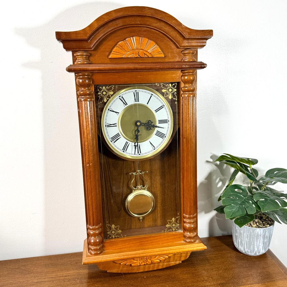 Vintage Grandfather Wall Clock with Pendulum and Chime Quartz 23" Tall